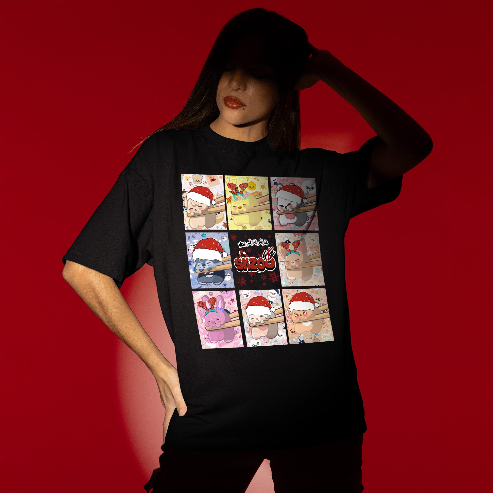 Stray Kids Adorable Skzoo Xmas T-Shirt - Women view, Y2K kpop concert tee