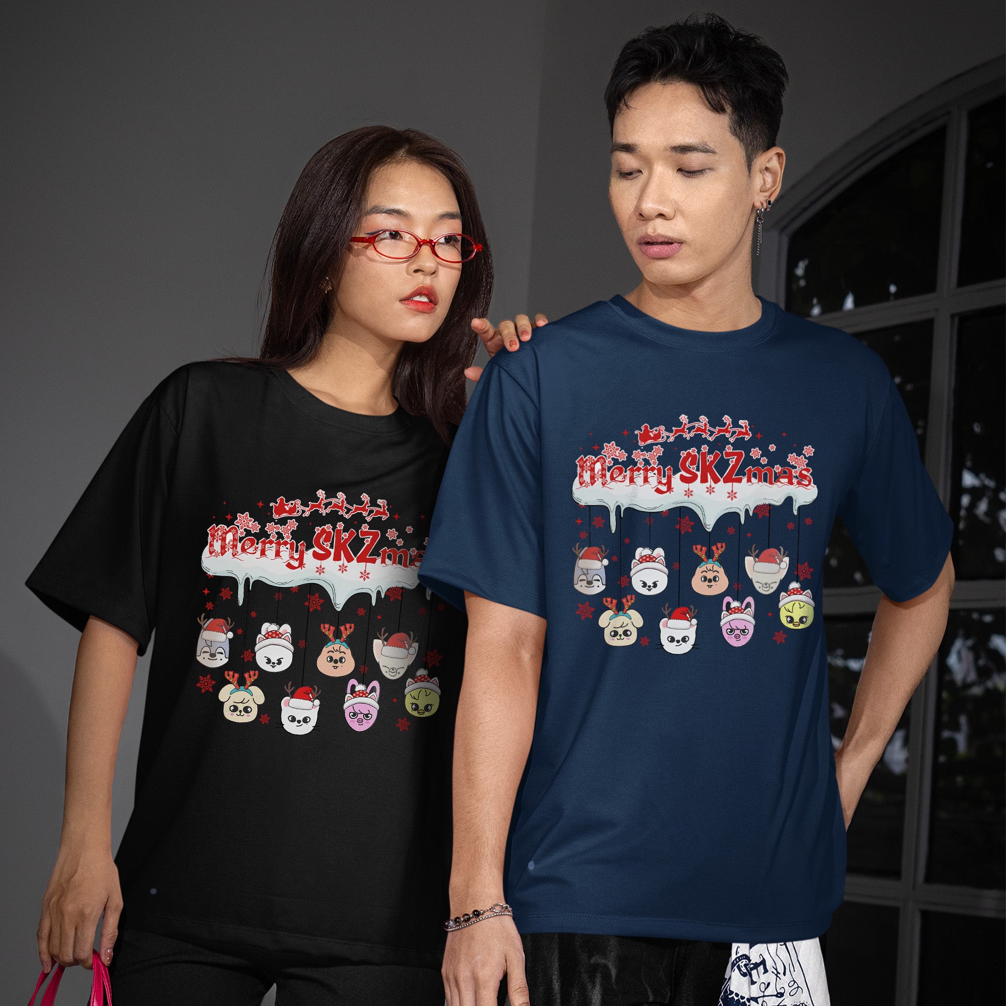 Stray Kids Funny Merry SKZmas T-Shirt - Couple view, Y2K kpop concert tee