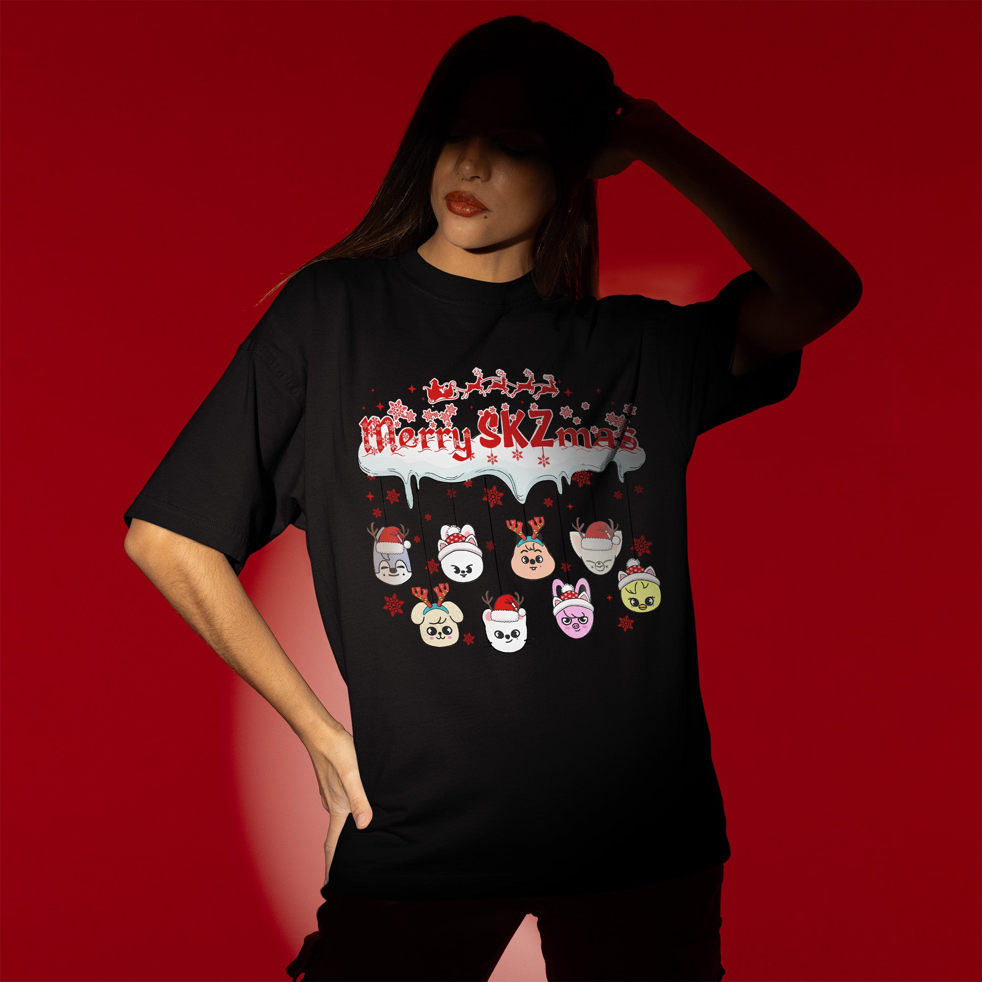 Stray Kids Funny Merry SKZmas T-Shirt - Women view, Y2K kpop concert tee