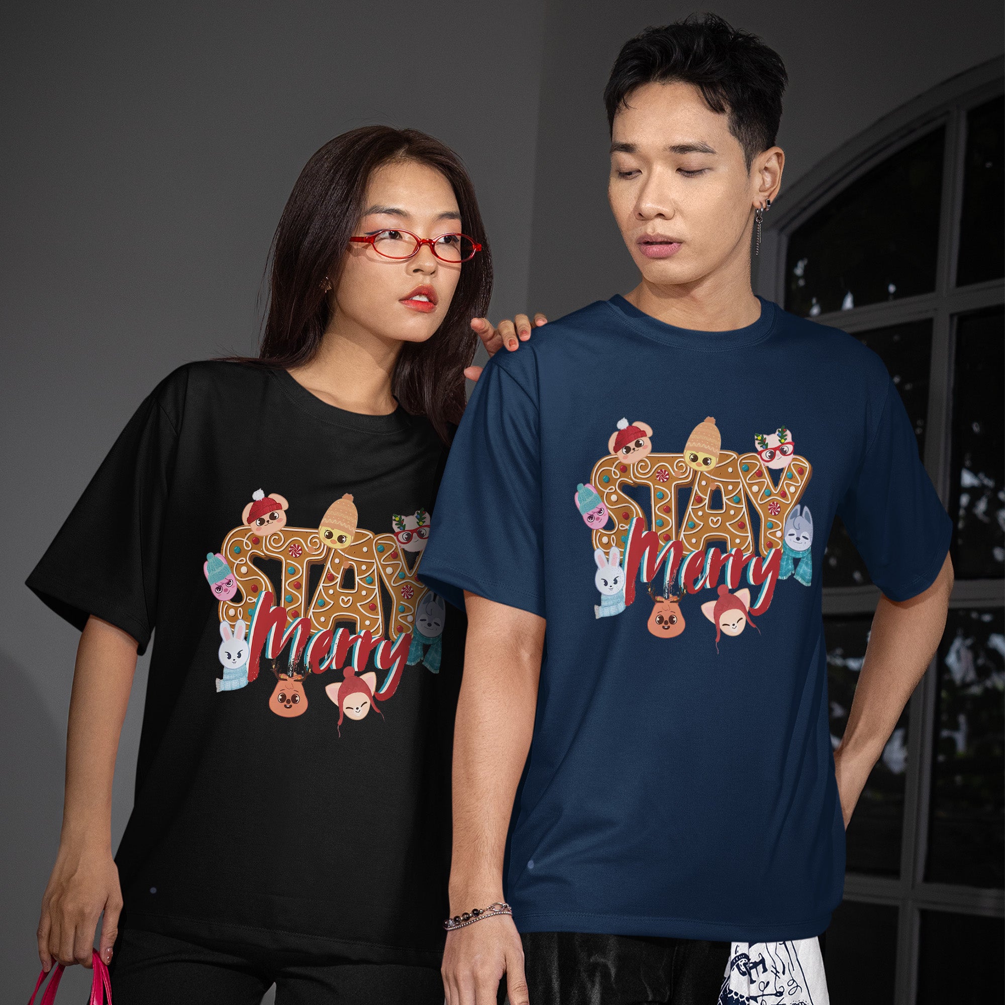 Stray Kids Stay Merry T-Shirt - Couple view, Y2K kpop concert tee