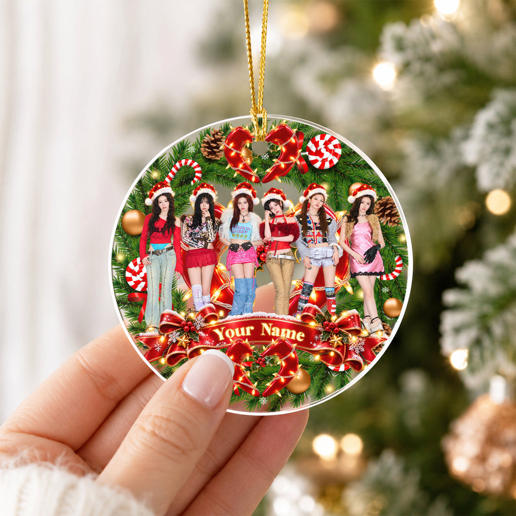 BABYMONSTER Candy Cane Wreath Custom Name Ornament - acrylic round ornament, another view, fan-made kpop personalized Christmas ornament