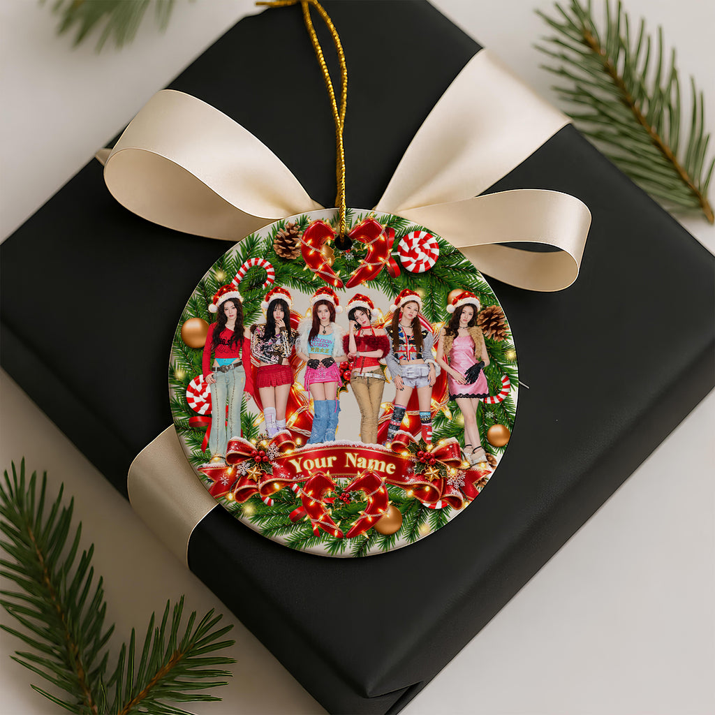 BABYMONSTER Candy Cane Wreath Custom Name Ornament - ceramic round ornament, another view, fan-made kpop personalized Christmas ornament