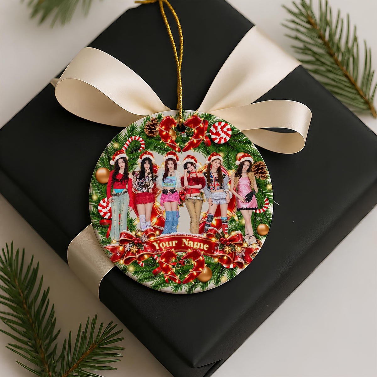 BABYMONSTER Candy Cane Wreath Custom Name Ornament - ceramic round ornament, another view, fan-made kpop personalized Christmas ornament