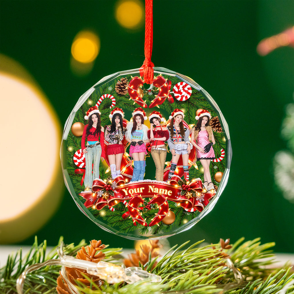 BABYMONSTER Candy Cane Wreath Custom Name Ornament - glass round ornament, another view, fan-made kpop personalized Christmas ornament