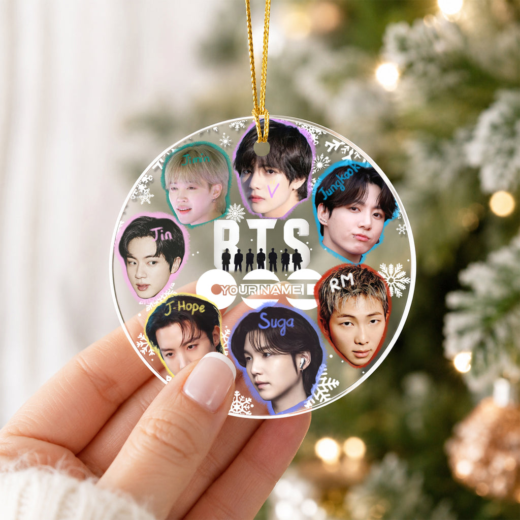 BTS Funny Big Head Custom Name Ornament - acrylic round ornament, fan-made kpop personalized Christmas ornament