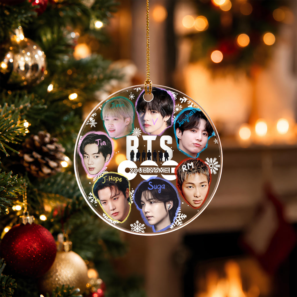 BTS Funny Big Head Custom Name Ornament - acrylic round ornament, another view, fan-made kpop personalized Christmas ornament
