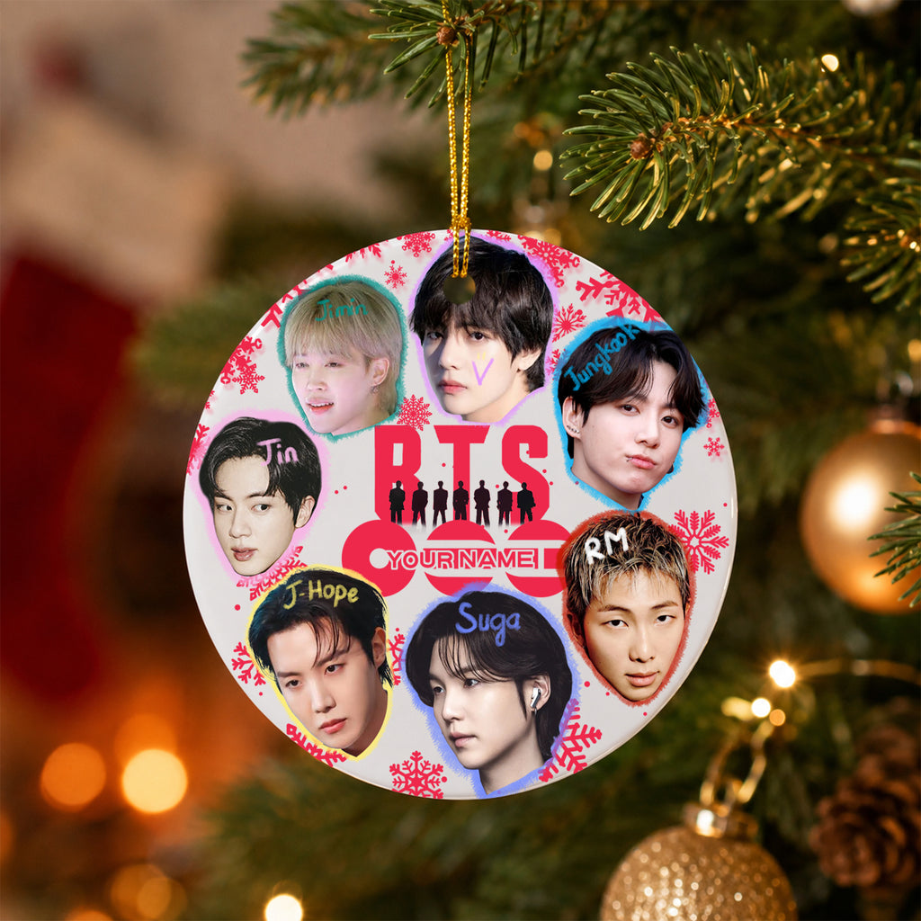 BTS Funny Big Head Custom Name Ornament - ceramic round ornament, fan-made kpop personalized Christmas ornament