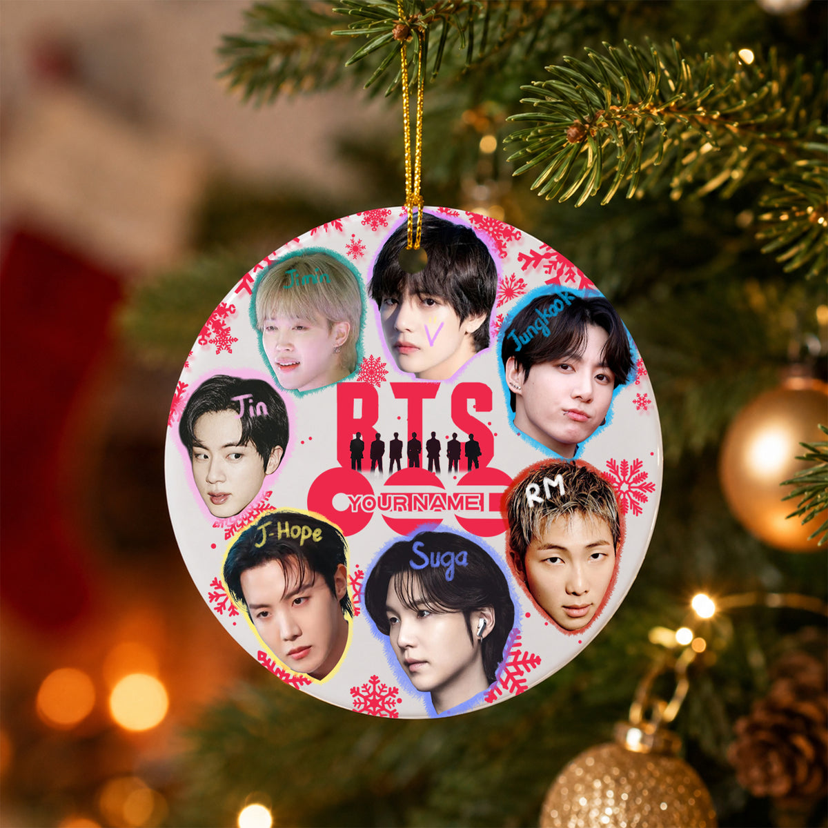 BTS Funny Big Head Custom Name Ornament - ceramic round ornament, fan-made kpop personalized Christmas ornament