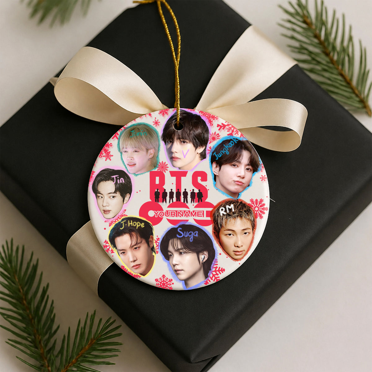 BTS Funny Big Head Custom Name Ornament - ceramic round ornament, another view, fan-made kpop personalized Christmas ornament