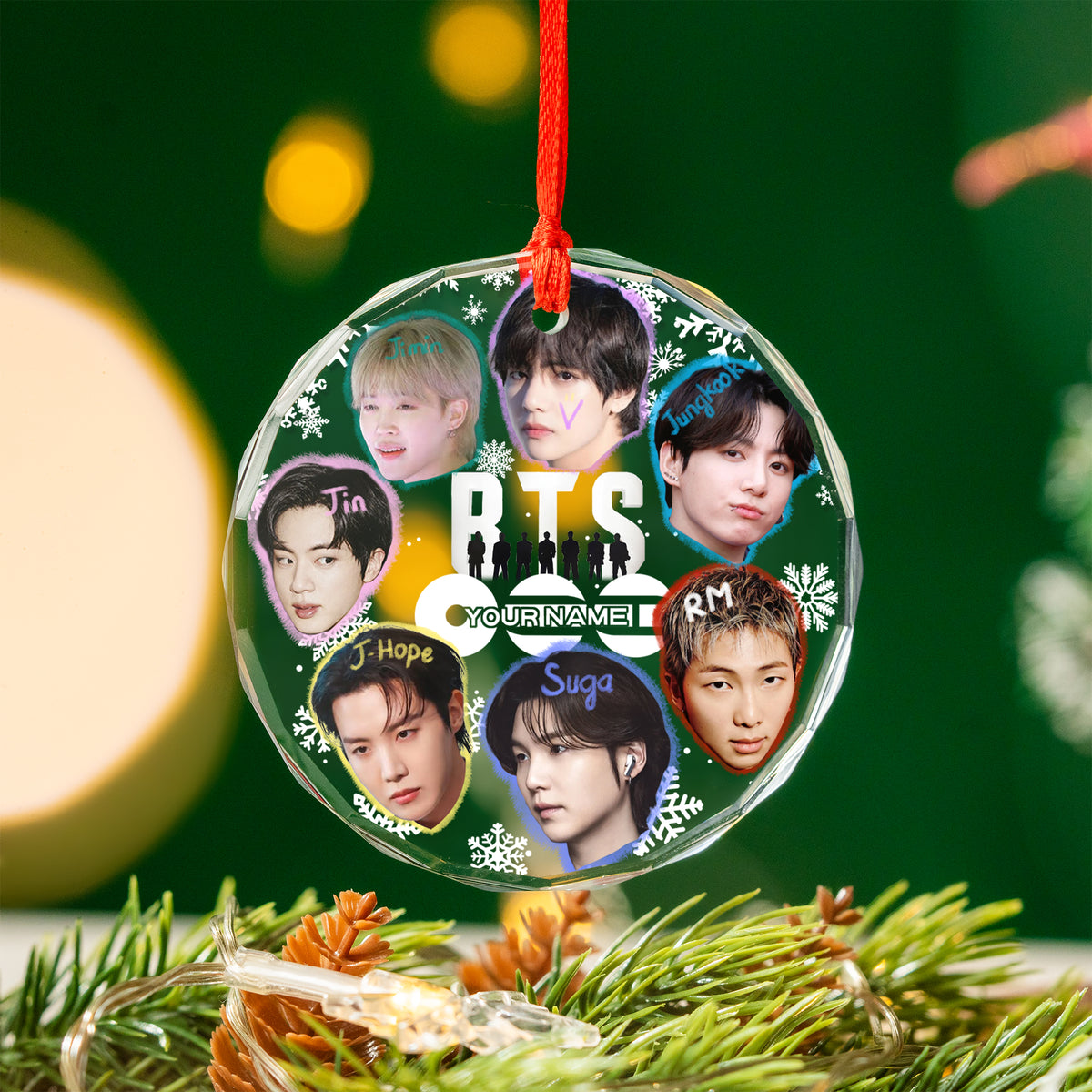BTS Funny Big Head Custom Name Ornament - glass round ornament, another view, fan-made kpop personalized Christmas ornament