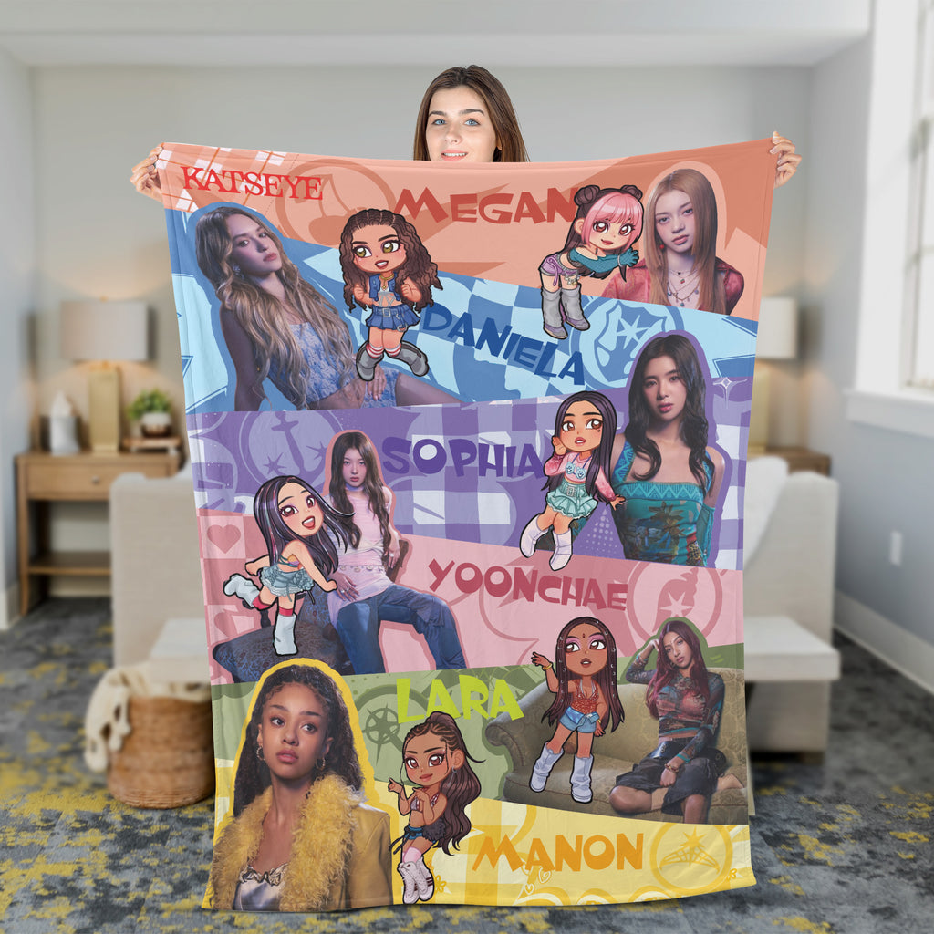 KATSEYE Cute Chibi Member Fleece Blanket - held up to show the full print, fan-made kpop fleece blanket