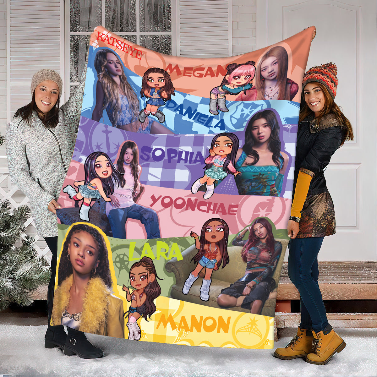 KATSEYE Cute Chibi Member Fleece Blanket - main view, fan-made kpop fleece blanket