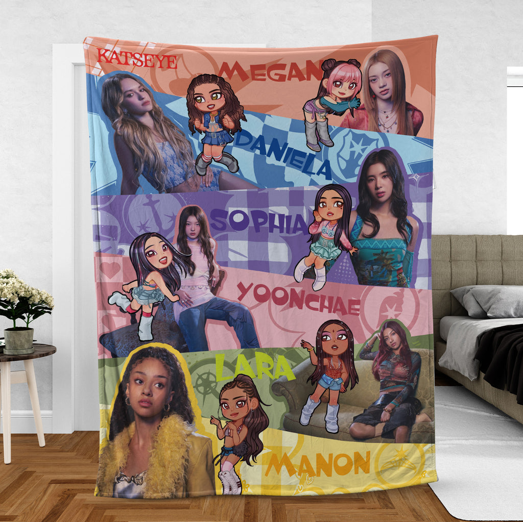 KATSEYE Cute Chibi Member Fleece Blanket - bedroom view, fan-made kpop fleece blanket