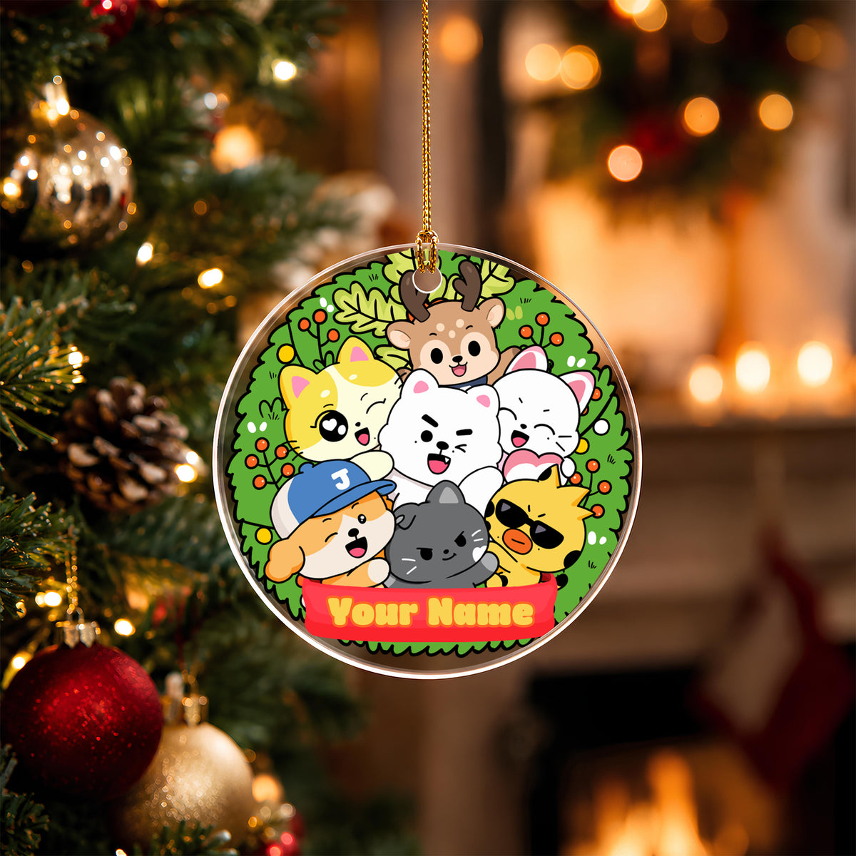 ENHYPEN Cute Mascot Wreath Custom Name Ornament - acrylic round ornament, fan-made kpop personalized Christmas ornament