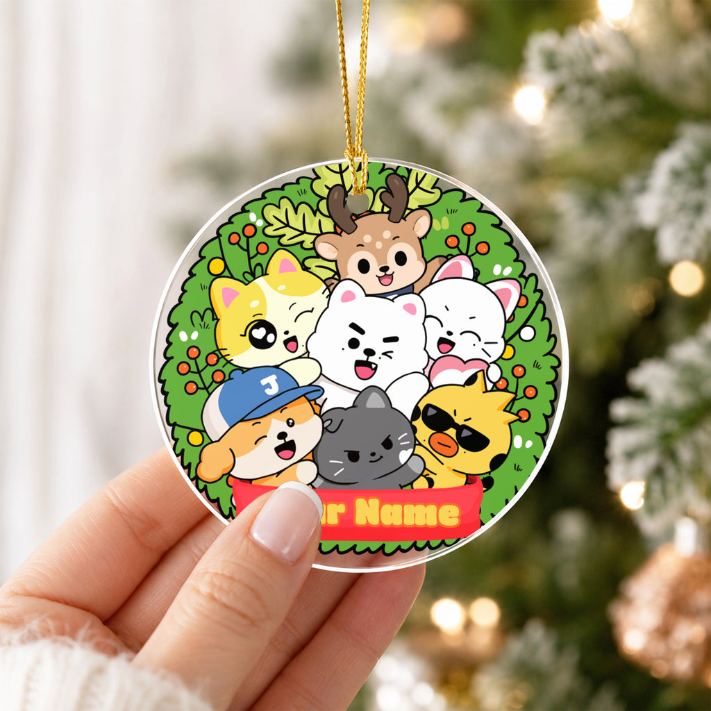ENHYPEN Cute Mascot Wreath Custom Name Ornament - acrylic round ornament, another view, fan-made kpop personalized Christmas ornament
