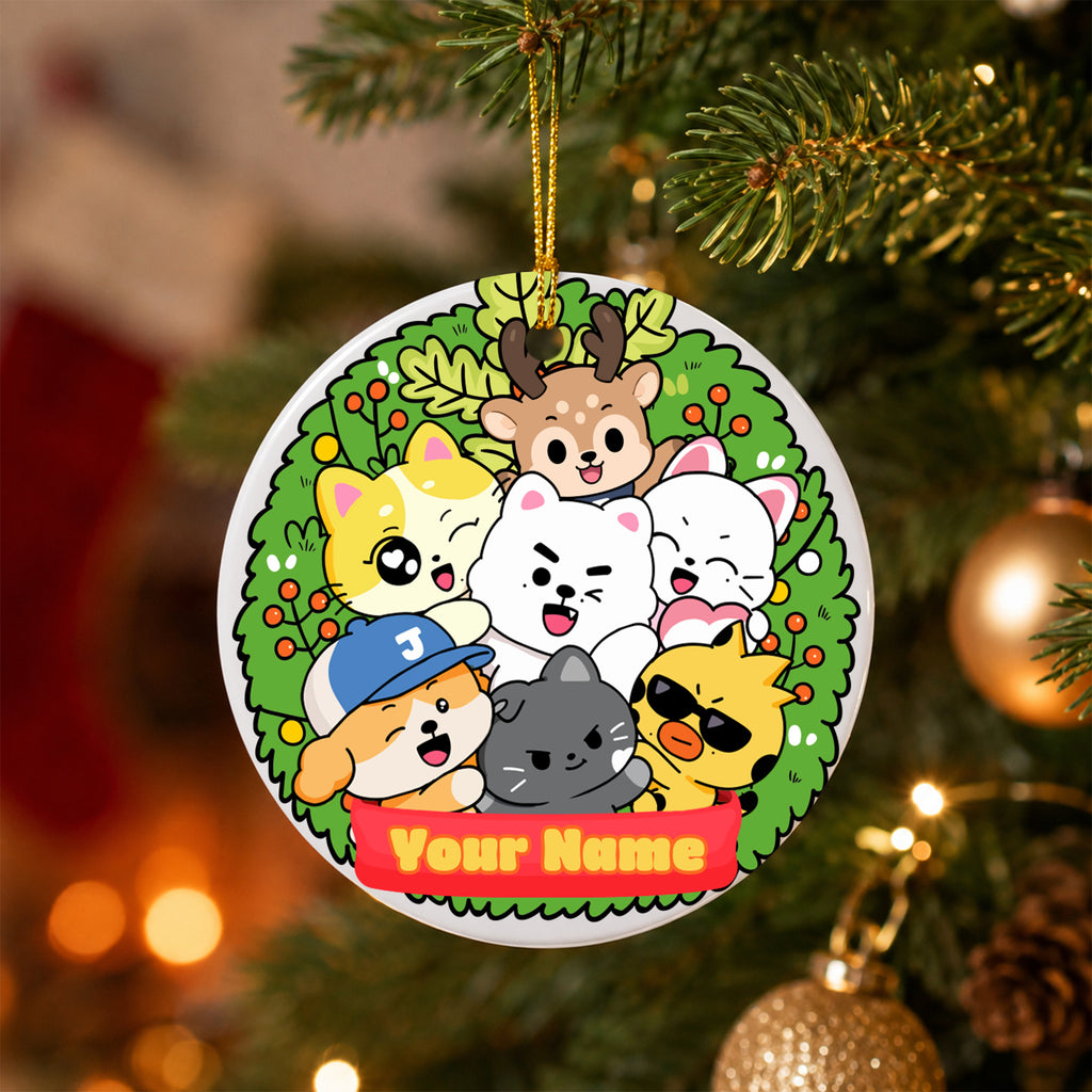 ENHYPEN Cute Mascot Wreath Custom Name Ornament - ceramic round ornament, fan-made kpop personalized Christmas ornament