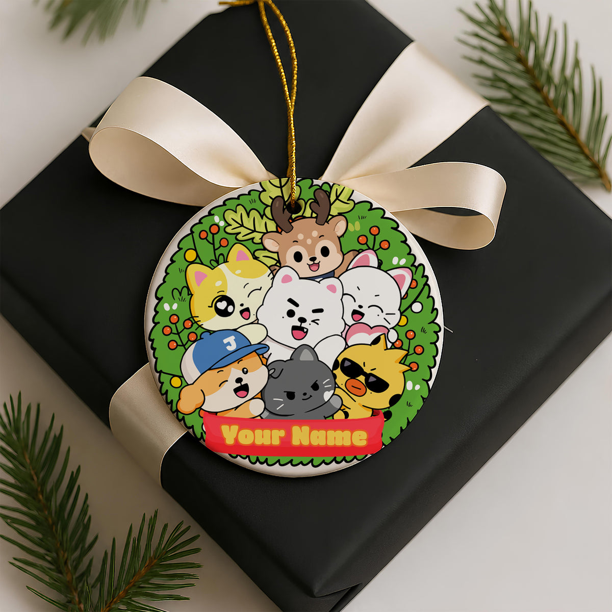 ENHYPEN Cute Mascot Wreath Custom Name Ornament - ceramic round ornament, another view, fan-made kpop personalized Christmas ornament