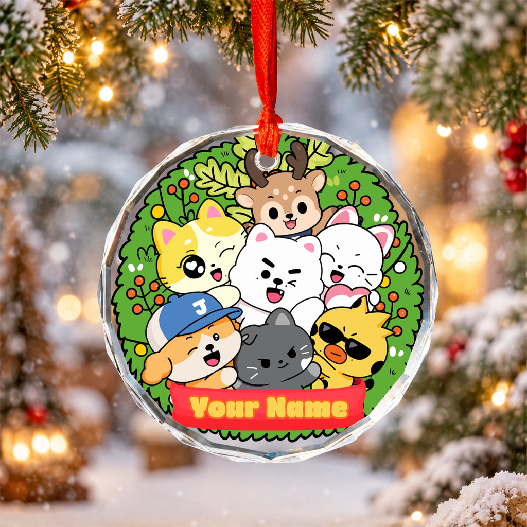 ENHYPEN Cute Mascot Wreath Custom Name Ornament - glass round ornament, fan-made kpop personalized Christmas ornament