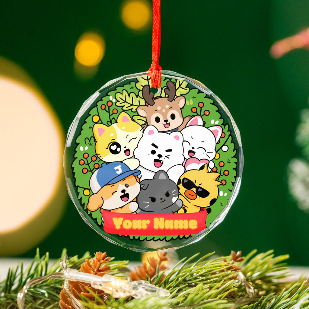 ENHYPEN Cute Mascot Wreath Custom Name Ornament - glass round ornament, another view, fan-made kpop personalized Christmas ornament