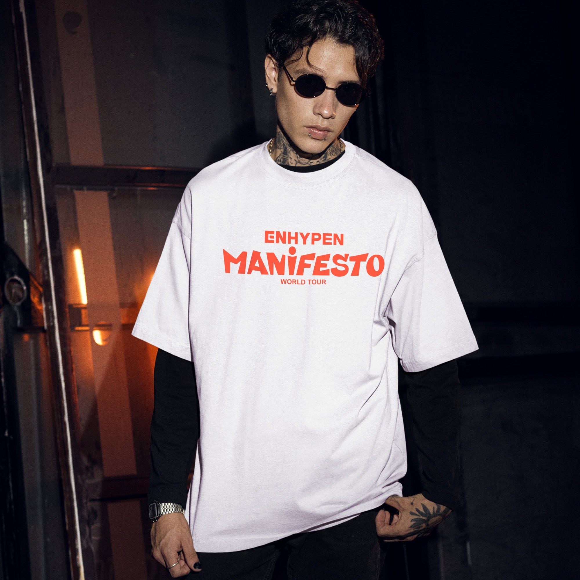ENHYPEN World Tour Manifesto T-Shirt - Men Front view, Y2K kpop concert tee