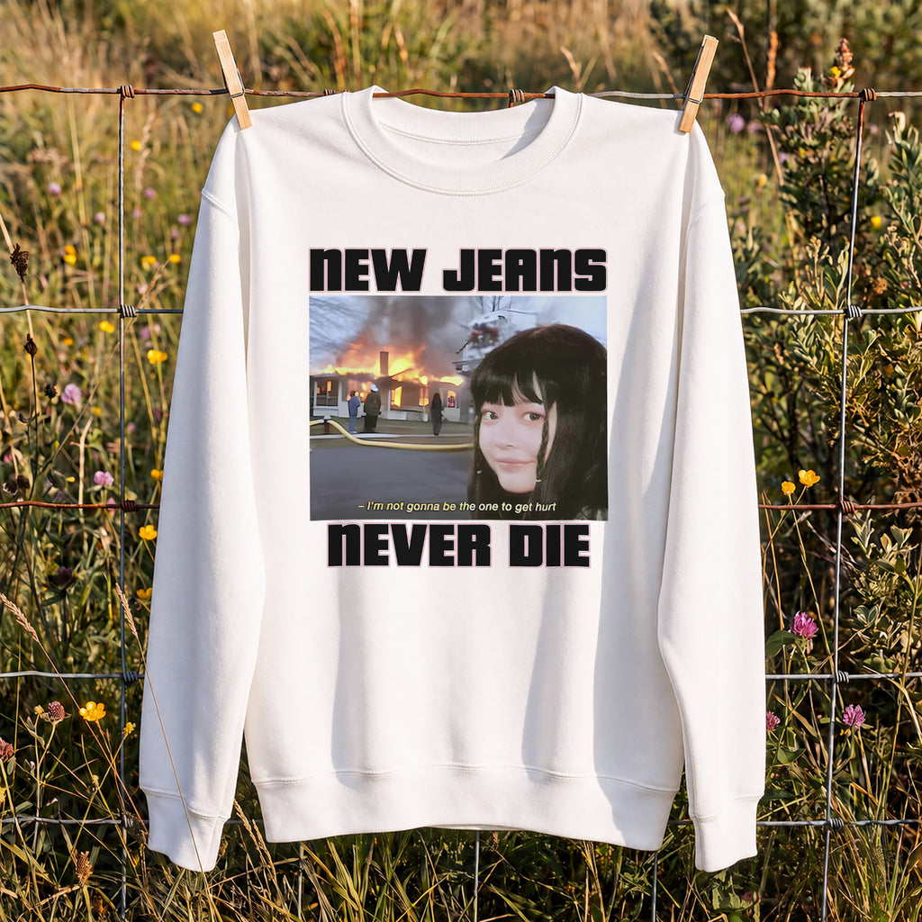 NewJeans Funny Meme Never Die Sweatshirt - Hang view, Y2K kpop concert sweatshirt
