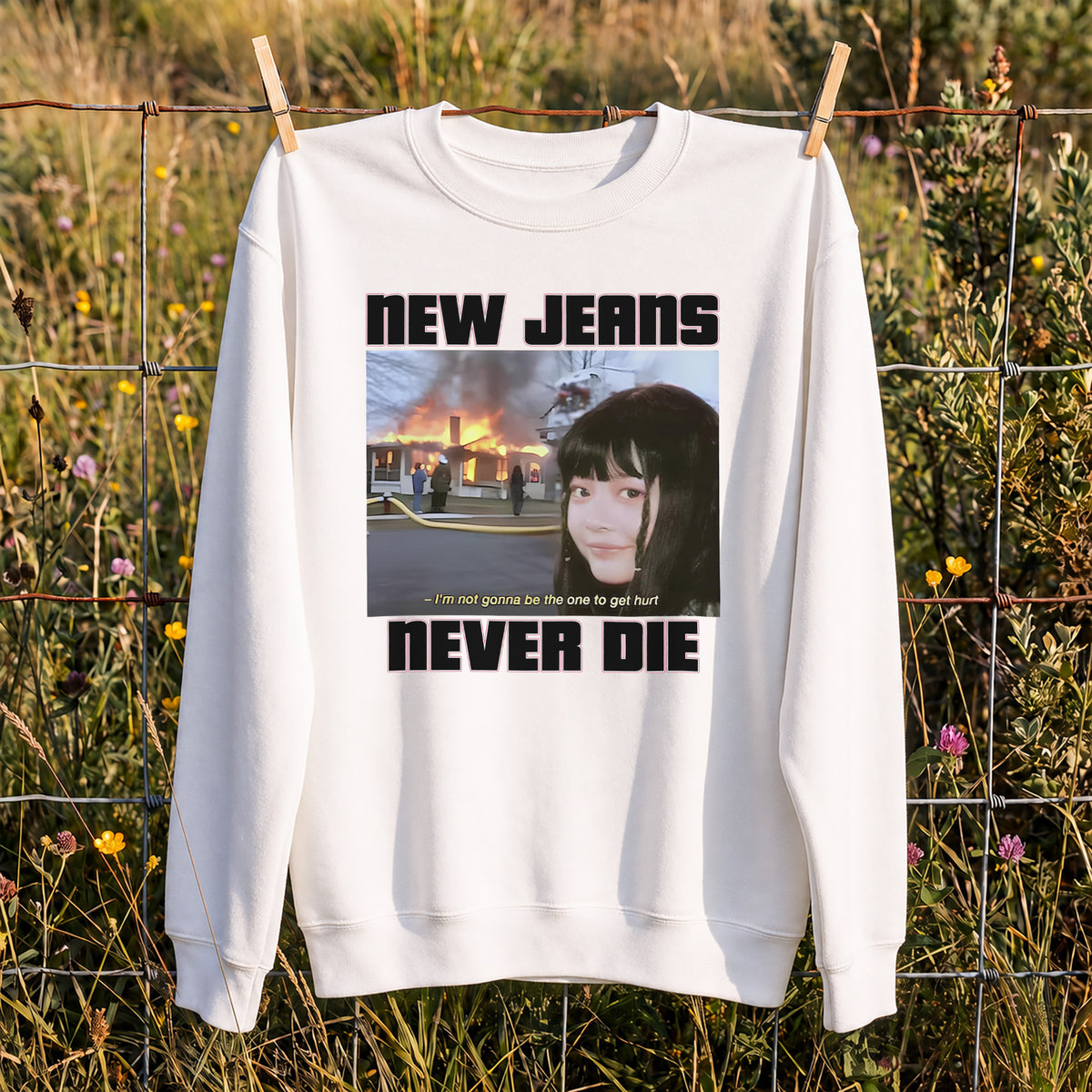 NewJeans Funny Meme Never Die Sweatshirt - Hang view, Y2K kpop concert sweatshirt
