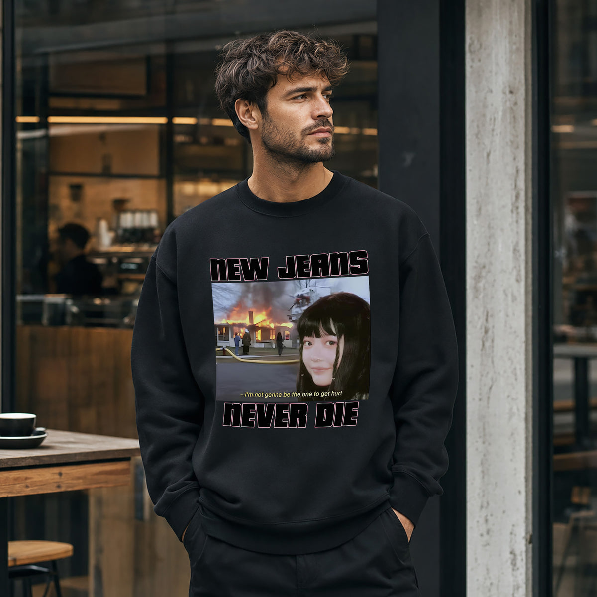 NewJeans Funny Meme Never Die Sweatshirt - Men view, Y2K kpop concert sweatshirt