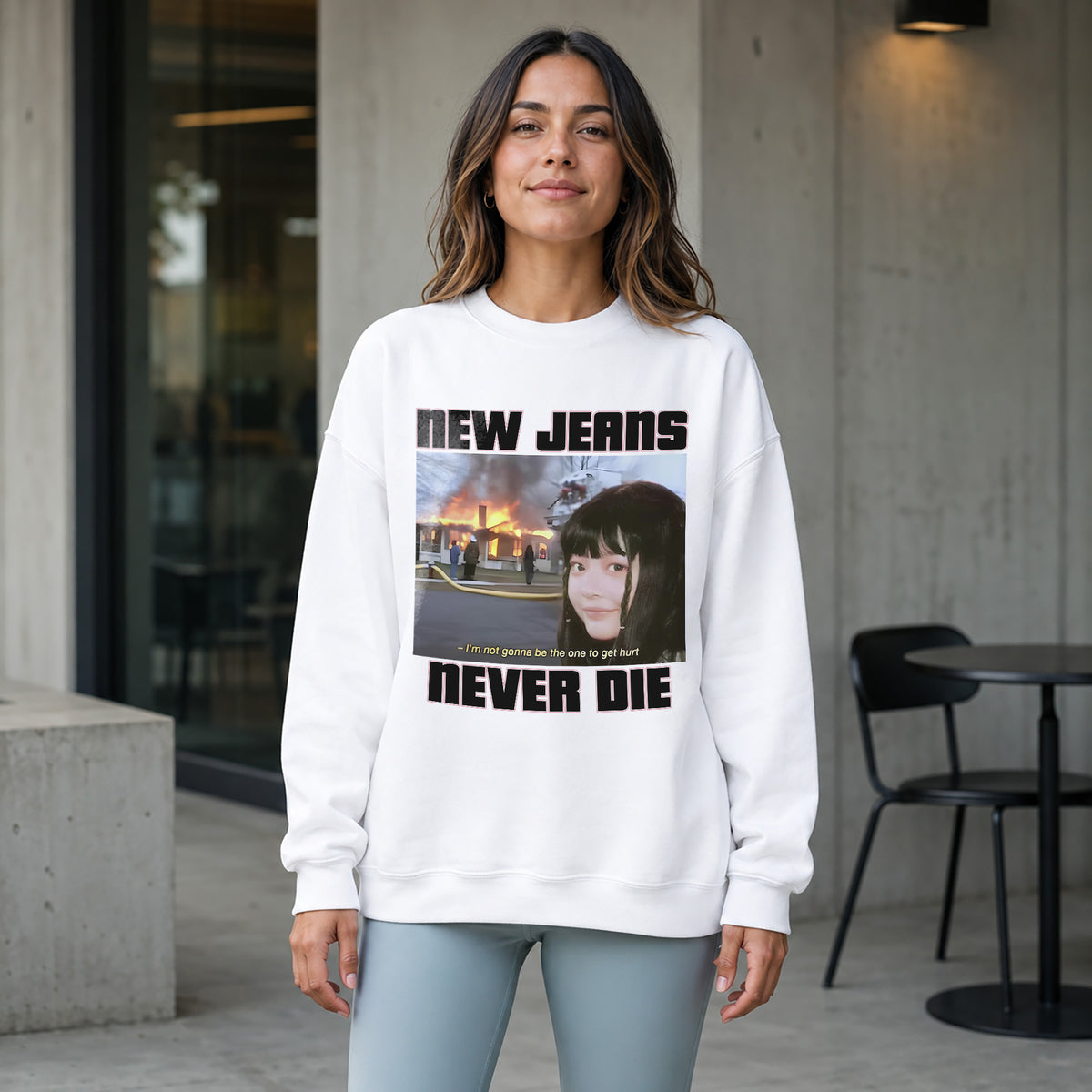 NewJeans Funny Meme Never Die Sweatshirt - Women view, Y2K kpop concert sweatshirt