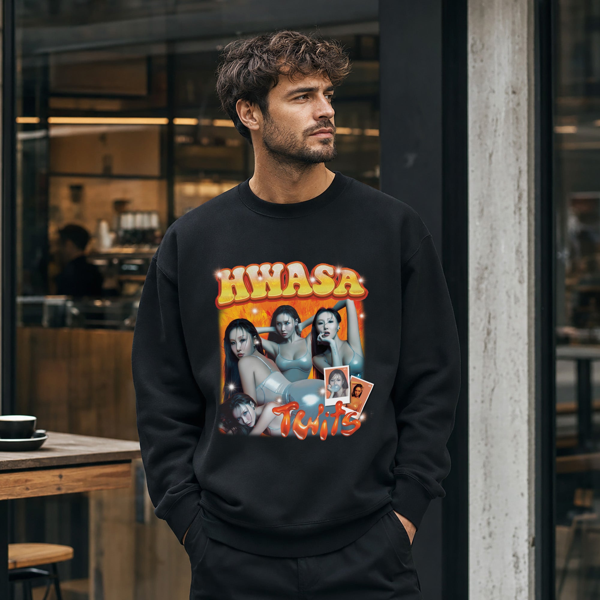 HWASA Graphic Twits Sweatshirt - Men view, Y2K kpop concert sweatshirt