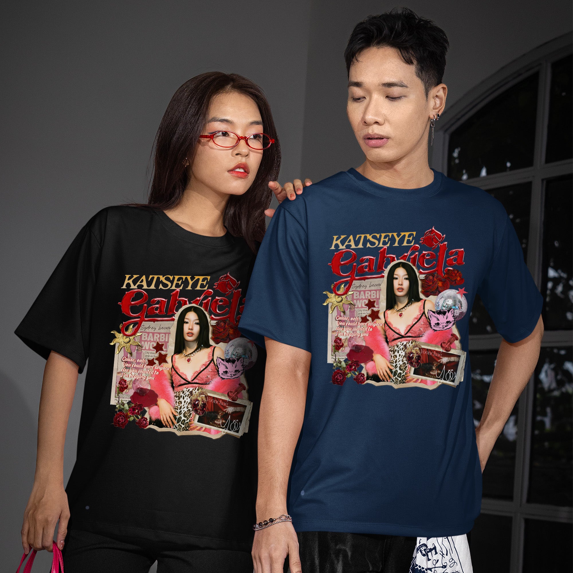 KATSEYE Gabriela Yoonchae T-Shirt - Couple view, Y2K kpop concert tee