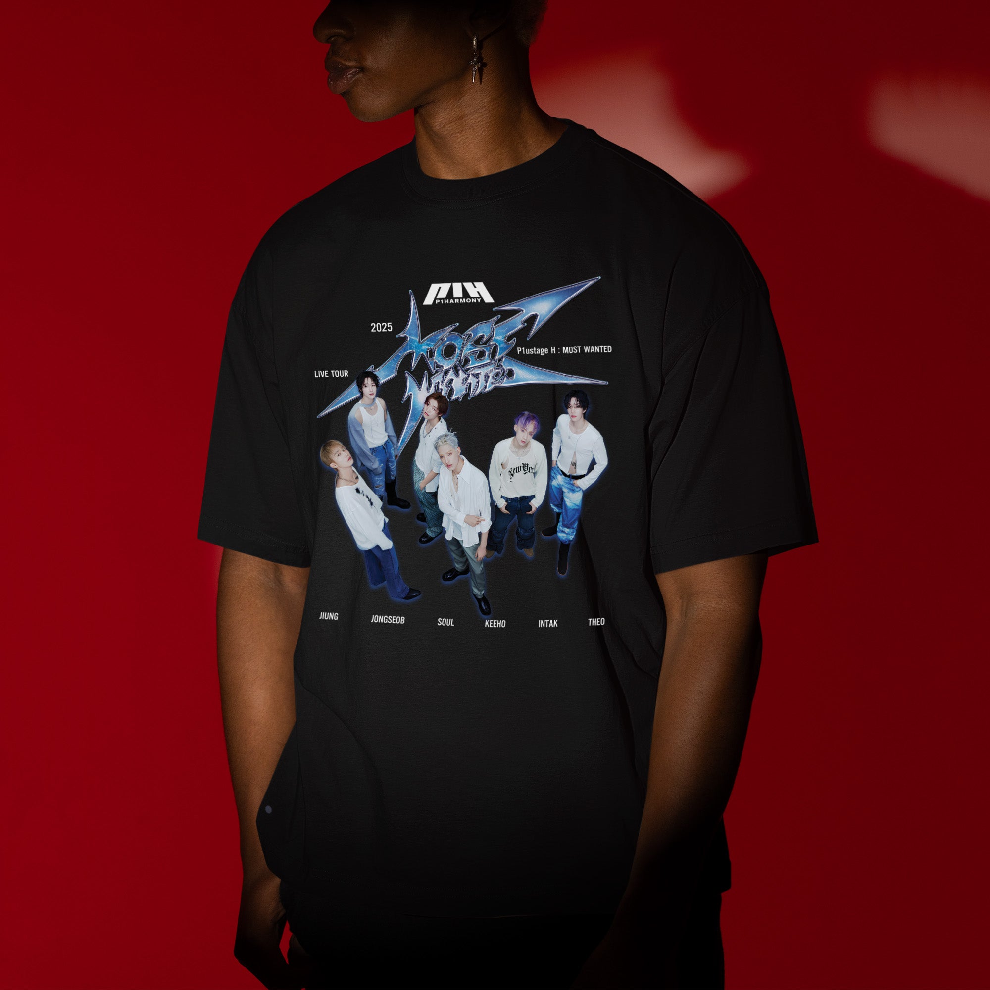 P1Harmony Retro Live Tour 2025 T-Shirt - Men view, Y2K kpop concert tee