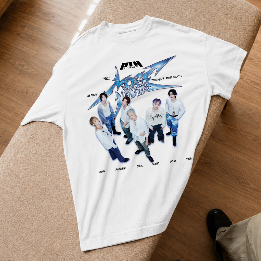 P1Harmony Retro Live Tour 2025 T-Shirt - Spread view, Y2K kpop concert tee