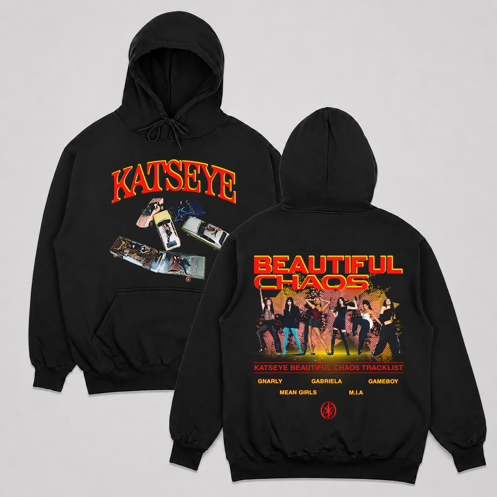 KATSEYE Beautiful Chaos Tracklist Inspired Hoodie - Main view, Y2K kpop concert hoodie