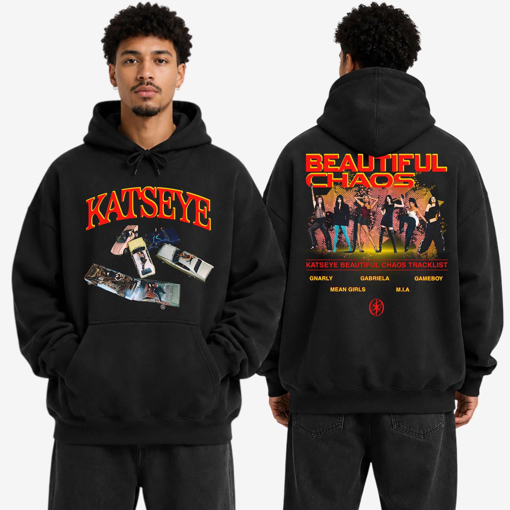 KATSEYE Beautiful Chaos Tracklist Inspired Hoodie - Men view, Y2K kpop concert hoodie