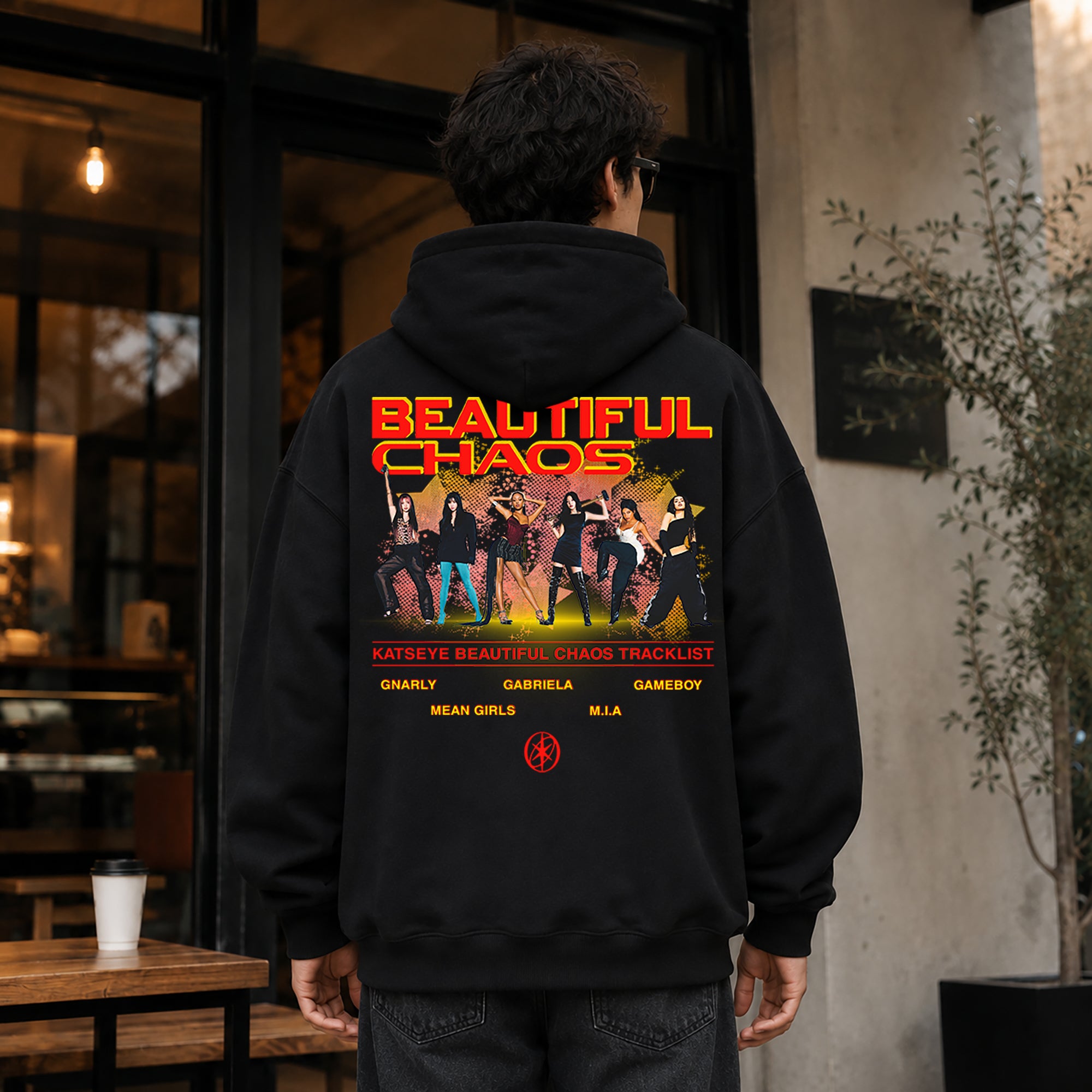 KATSEYE Beautiful Chaos Tracklist Inspired Hoodie - Men Back Life Style view, Y2K kpop concert hoodie
