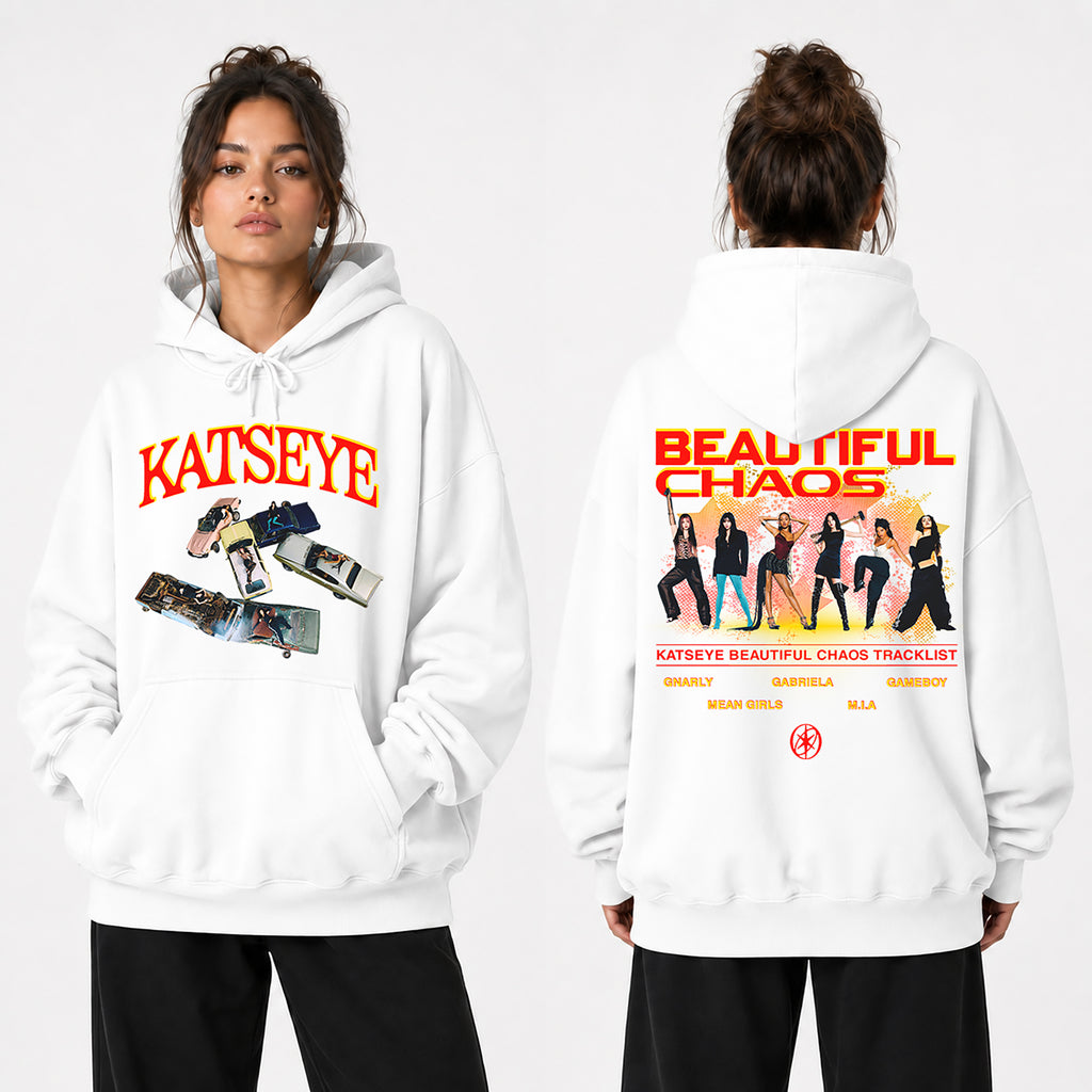 KATSEYE Beautiful Chaos Tracklist Inspired Hoodie - Women view, Y2K kpop concert hoodie