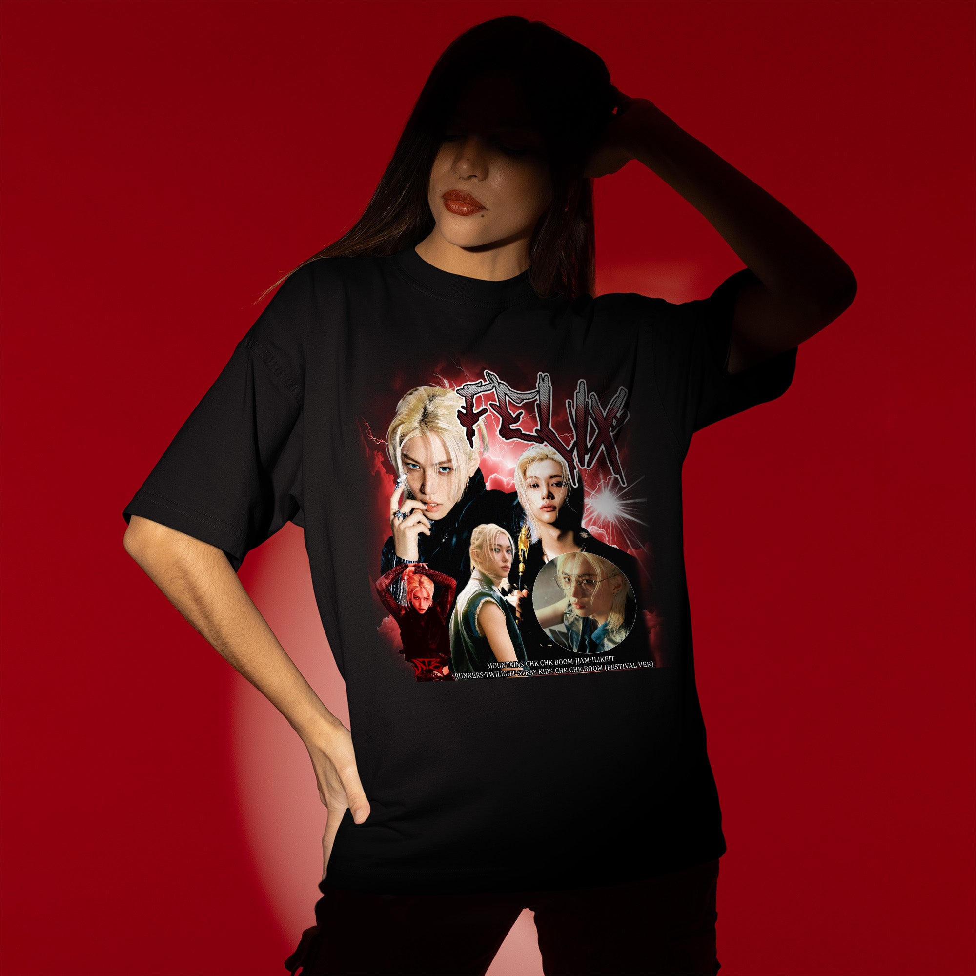 Stray Kids Felix Graphic T-Shirt - Women view, Y2K kpop concert tee
