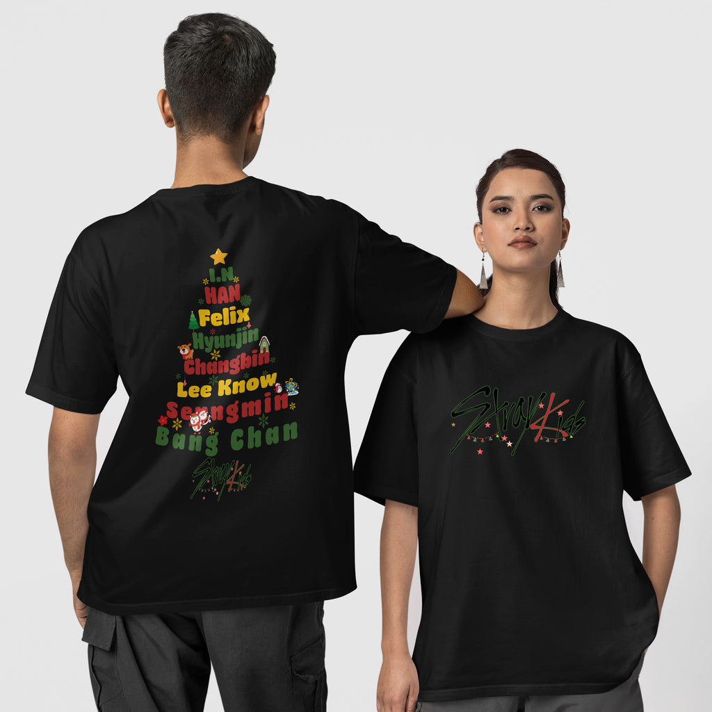 Stray Kids Christmas Tree T-Shirt - Couple 1 view, Y2K kpop concert tee