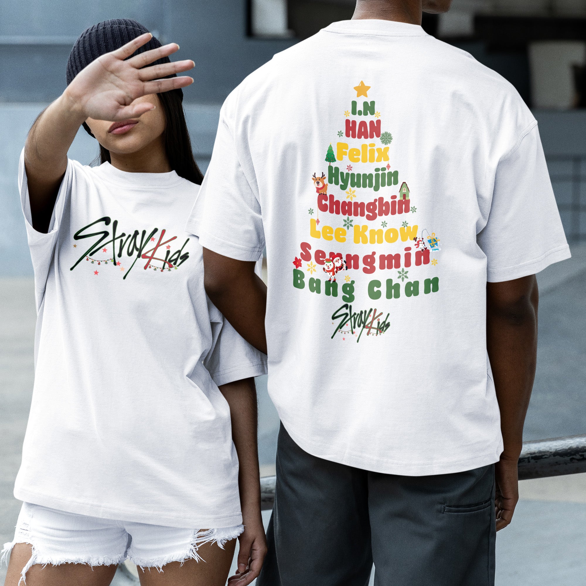 Stray Kids Christmas Tree T-Shirt - Couple 2 view, Y2K kpop concert tee