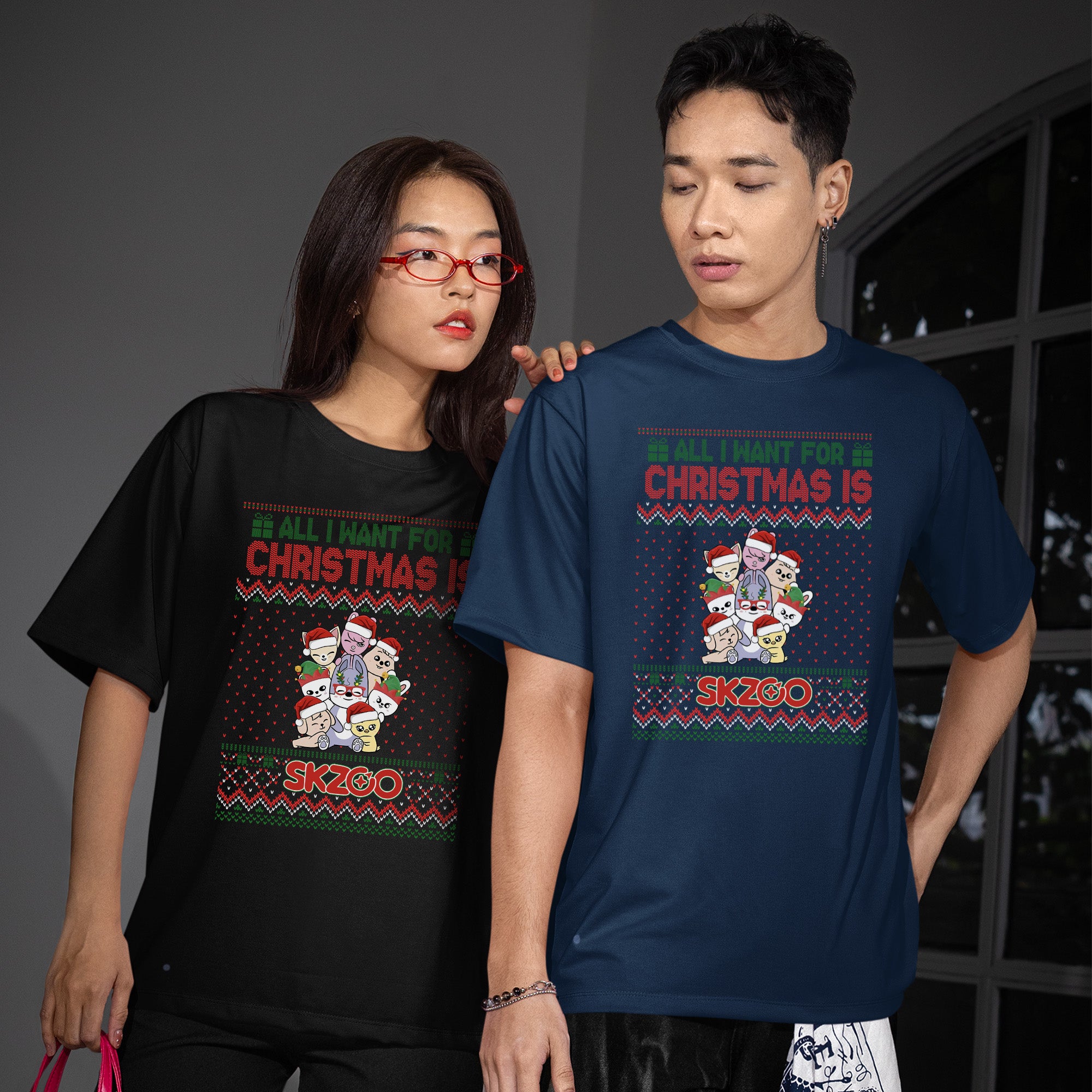 Stray Kids All I Want For Xmas Is Skzoo T-Shirt - Couple view, Y2K kpop concert tee
