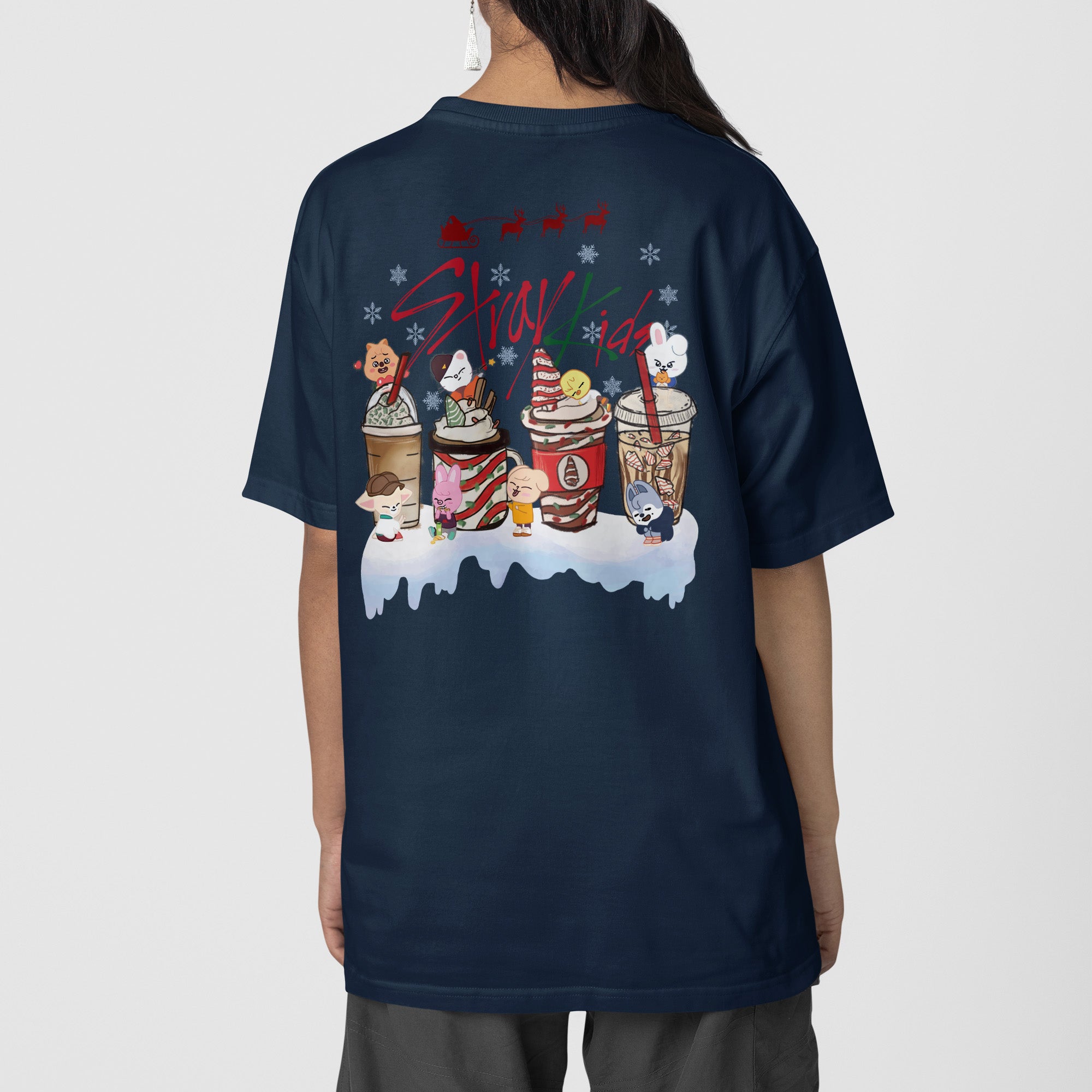 Stray Kids Drinking Xmas T-Shirt - Back view, Y2K kpop concert tee