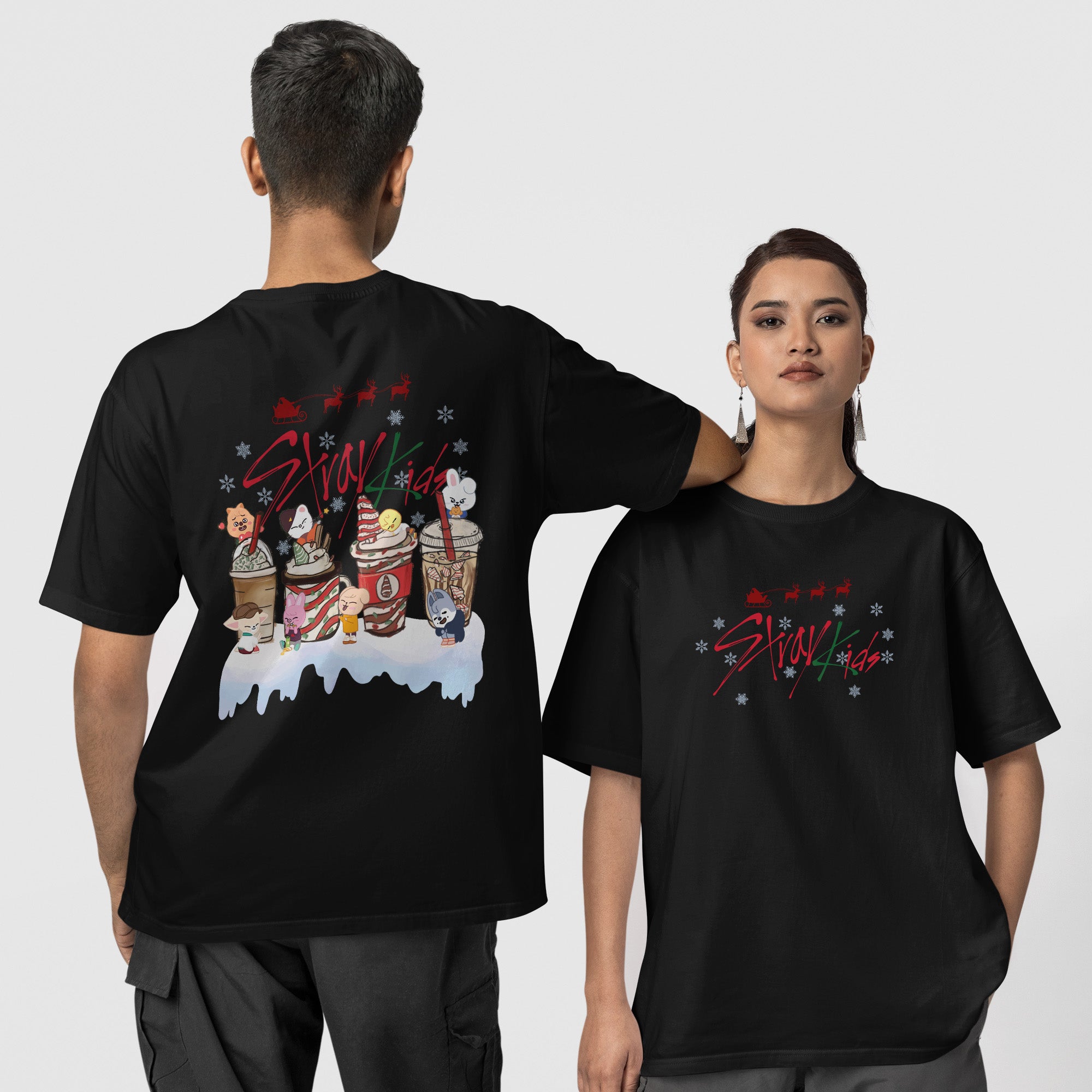 Stray Kids Drinking Xmas T-Shirt - Couple 1 view, Y2K kpop concert tee