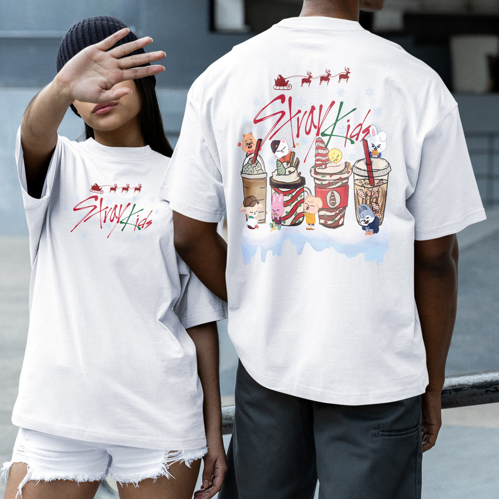 Stray Kids Drinking Xmas T-Shirt - Couple 2 view, Y2K kpop concert tee