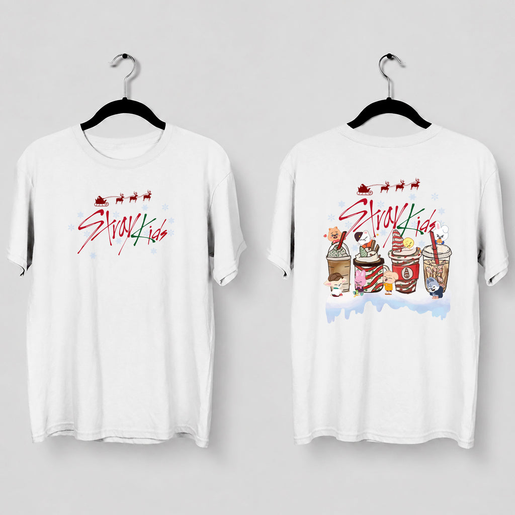 Stray Kids Drinking Xmas T-Shirt - Main view, Y2K kpop concert tee