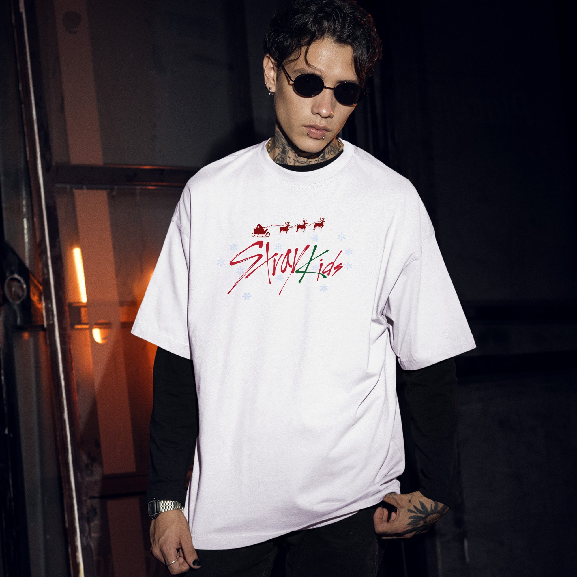 Stray Kids Drinking Xmas T-Shirt - Men Front view, Y2K kpop concert tee
