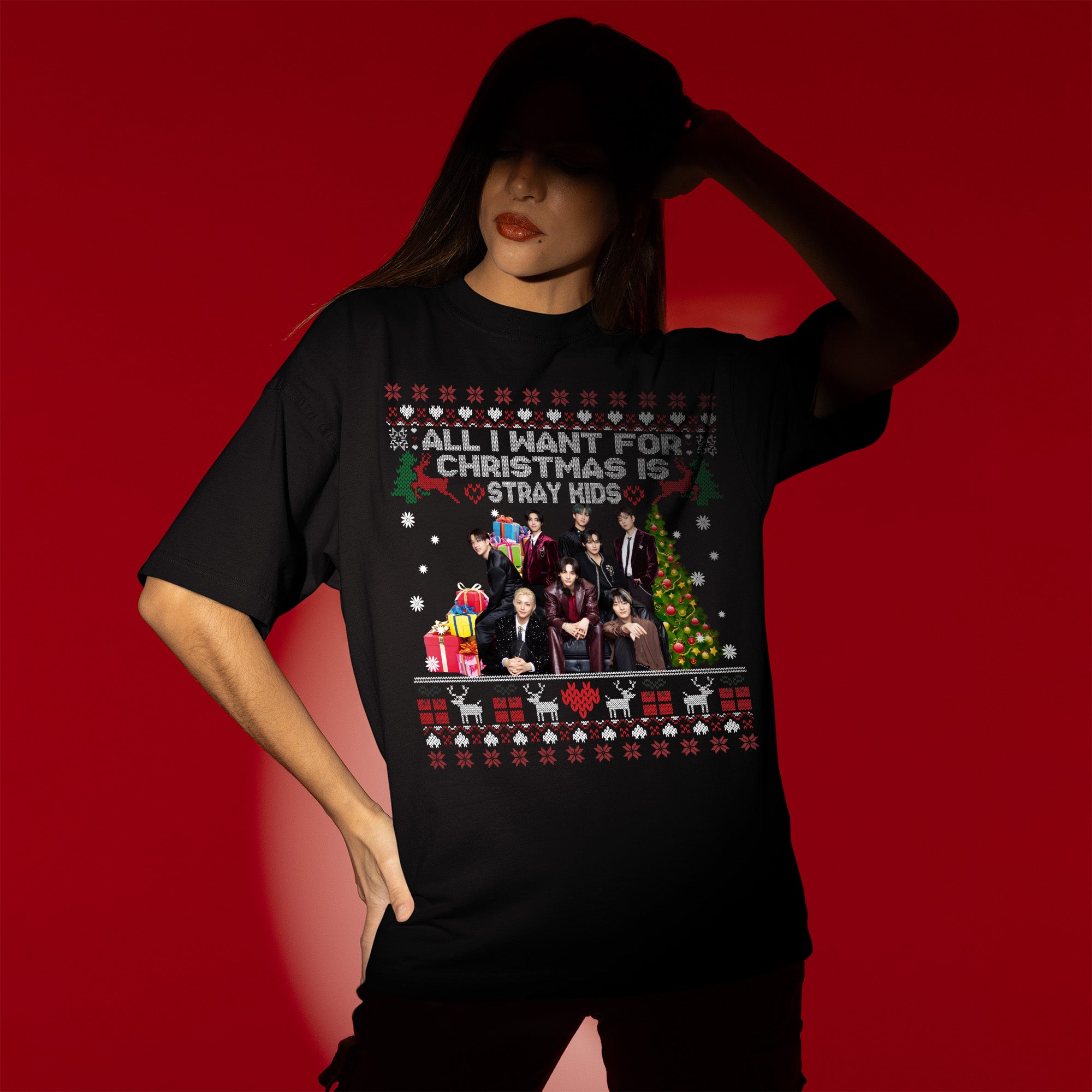 Stray Kids Christmas T-Shirt - Women view, Y2K kpop concert tee