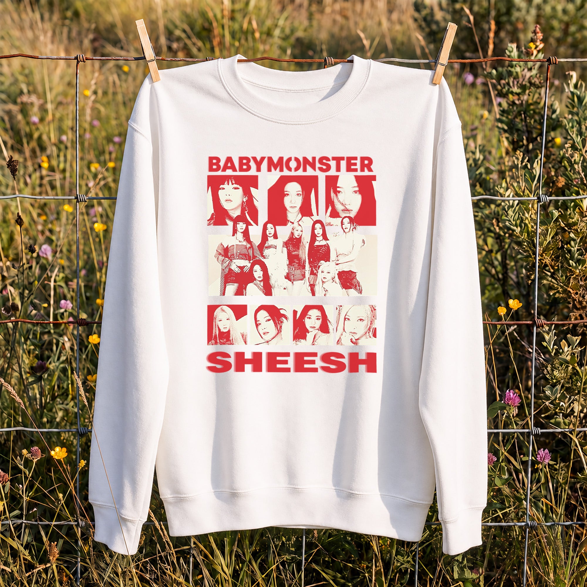 BABYMONSTER Graphic Sheesh Sweatshirt - Hang view, Y2K kpop concert sweatshirt