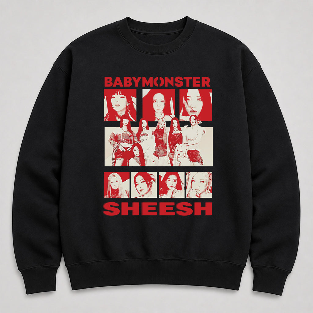 BABYMONSTER Graphic Sheesh Sweatshirt - Main view, Y2K kpop concert sweatshirt