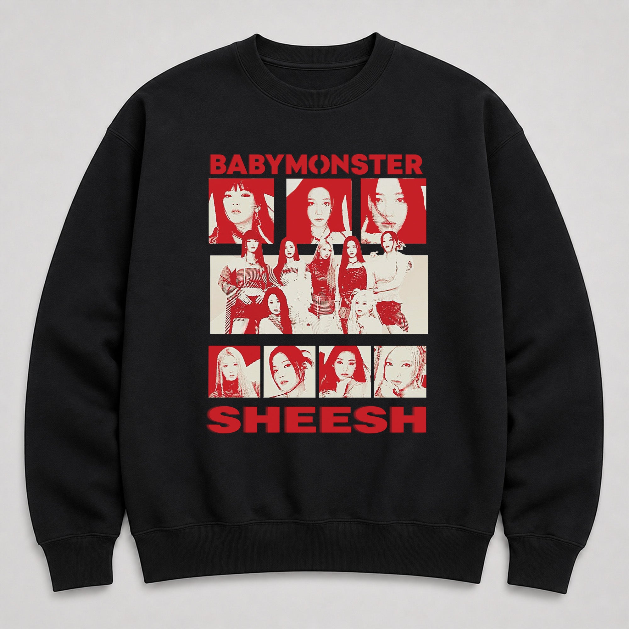 BABYMONSTER Graphic Sheesh Sweatshirt - Main view, Y2K kpop concert sweatshirt
