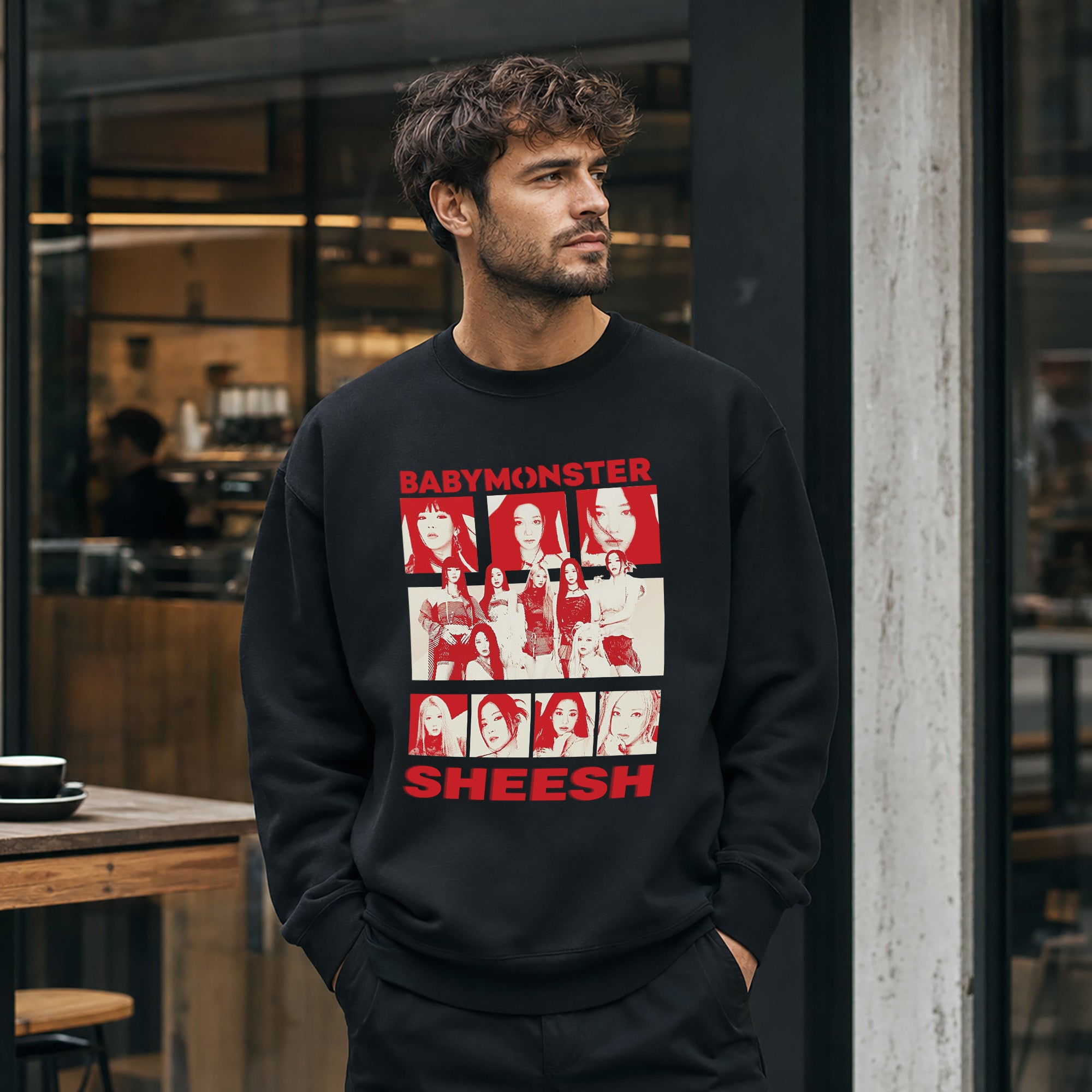BABYMONSTER Graphic Sheesh Sweatshirt - Men view, Y2K kpop concert sweatshirt